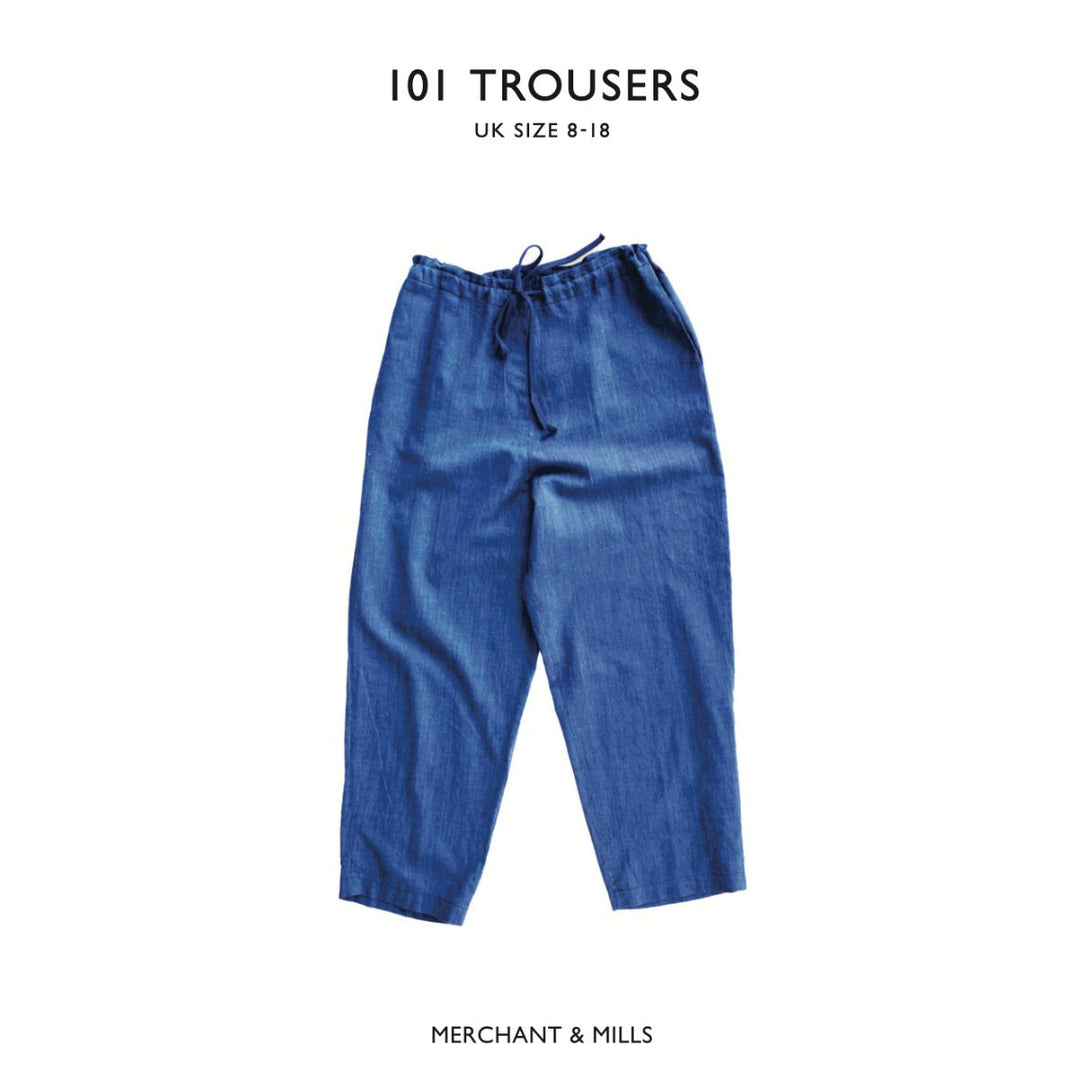 Blue trousers with drawstring on a white background, labeled '101 Trousers' and 'Merchant & Mills'.
