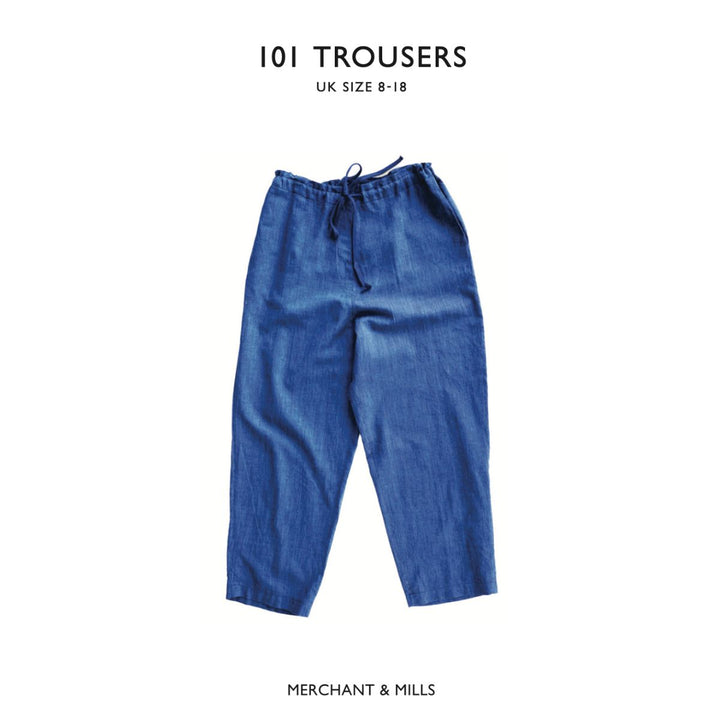 Blue trousers with drawstring on a white background, labeled '101 Trousers' and 'Merchant & Mills'.