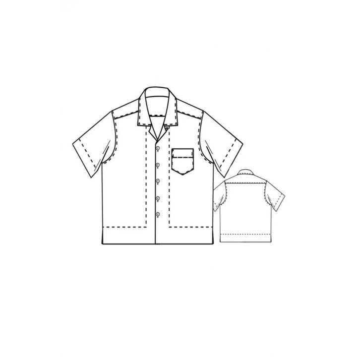 Technical drawing of a shirt with short sleeves and a pocket on a white background