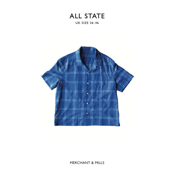 Blue checkered shirt on a white background with 'All State' and 'Merchant & Mills' branding.