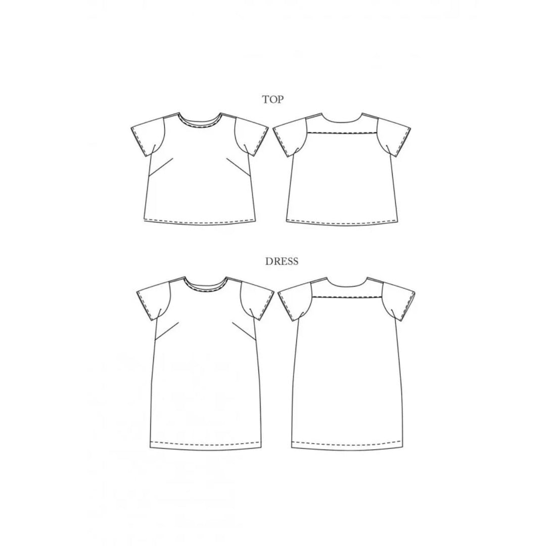 Line drawings of a top and a dress on a white background