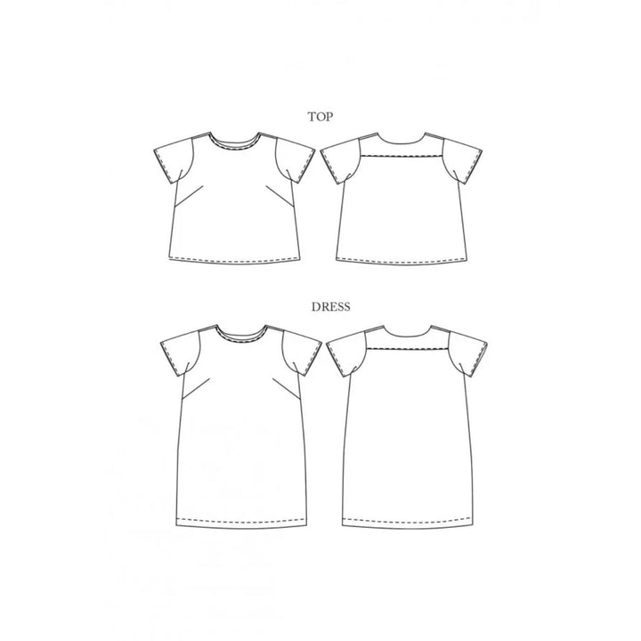 Line drawings of a top and a dress on a white background