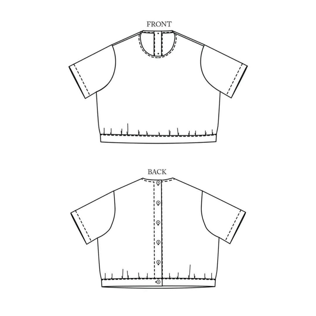 Technical drawing of a short-sleeve crop top with front and back views on a white background.