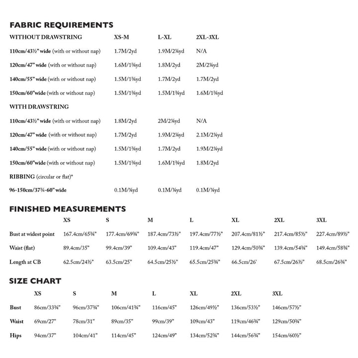 Fabric requirements and size chart for clothing on a white background