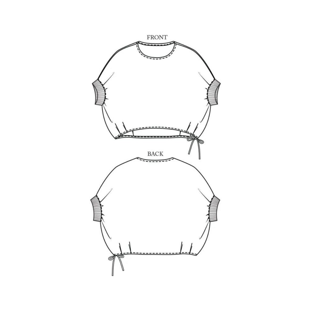 Technical drawing of a top with front and back views on a white background