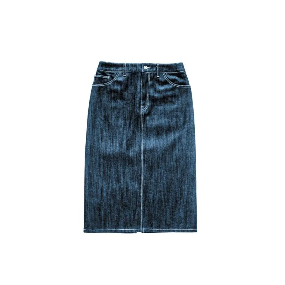 Blue denim skirt on a white background