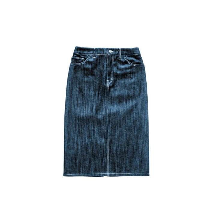 Blue denim skirt on a white background