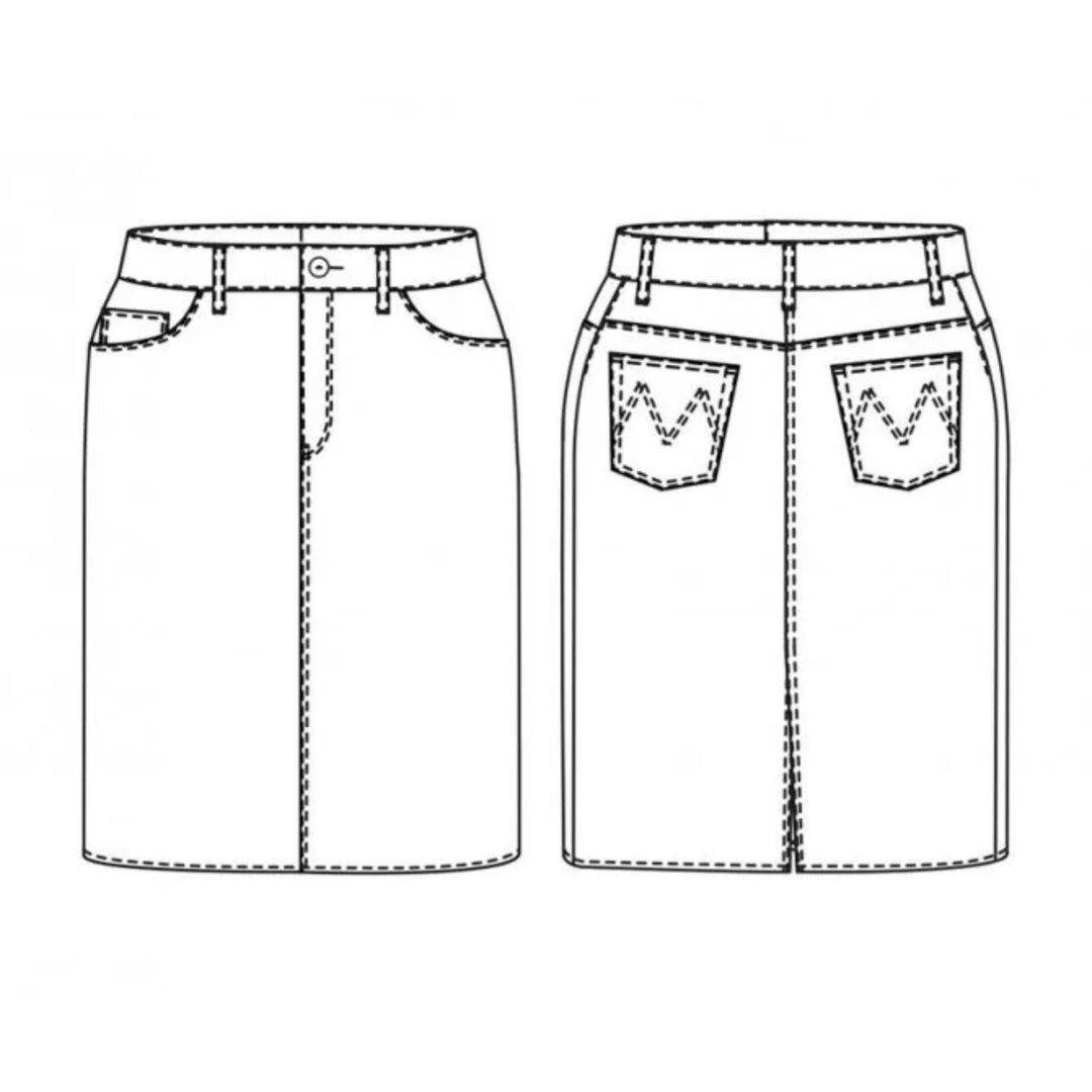 Line drawing of a denim skirt from front and back views on a white background