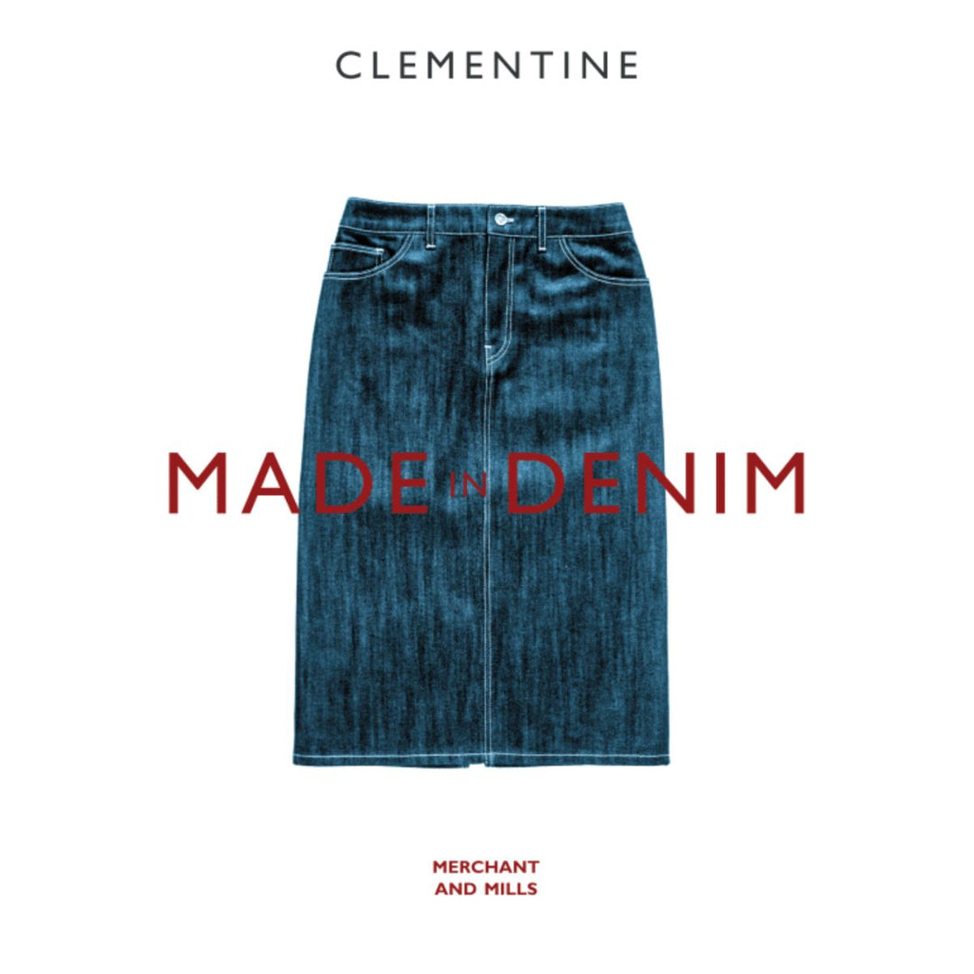 Blue denim skirt on a white background with 'Clementine' and 'Made in Denim' text.