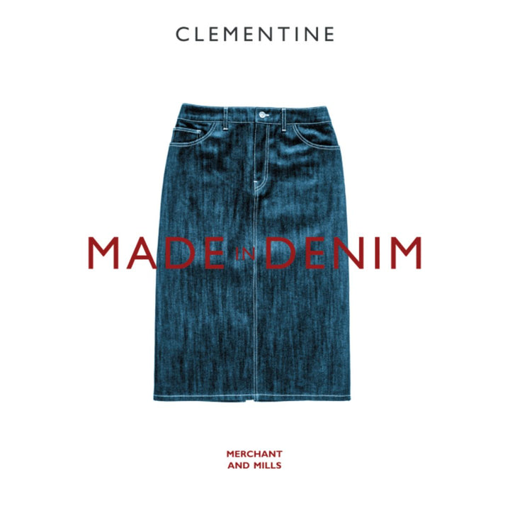 Blue denim skirt on a white background with 'Clementine' and 'Made in Denim' text.