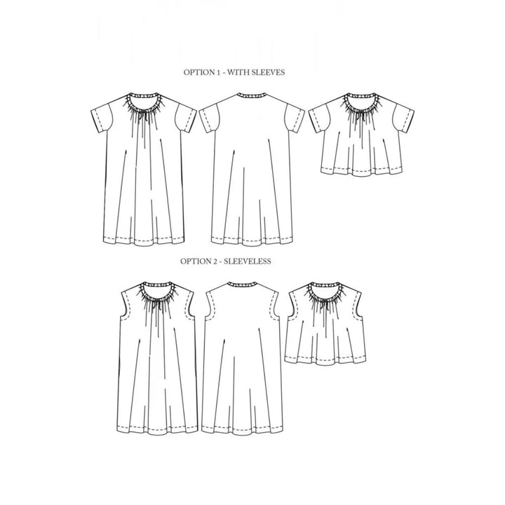 Technical drawing of a blouse with sleeve options on a white background