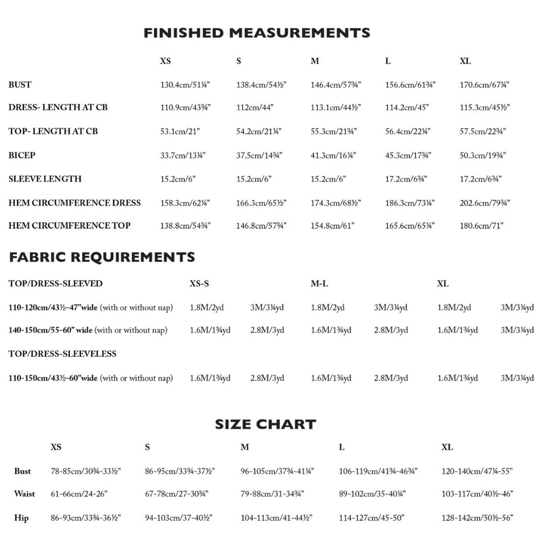 Measurement chart for clothing with size chart and fabric requirements on a white background