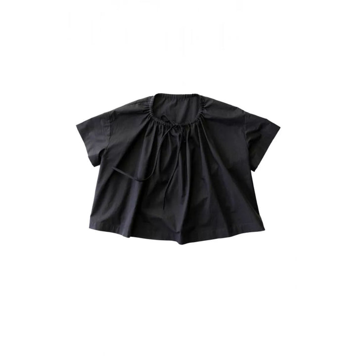 Black blouse with ruffled sleeves on a white background