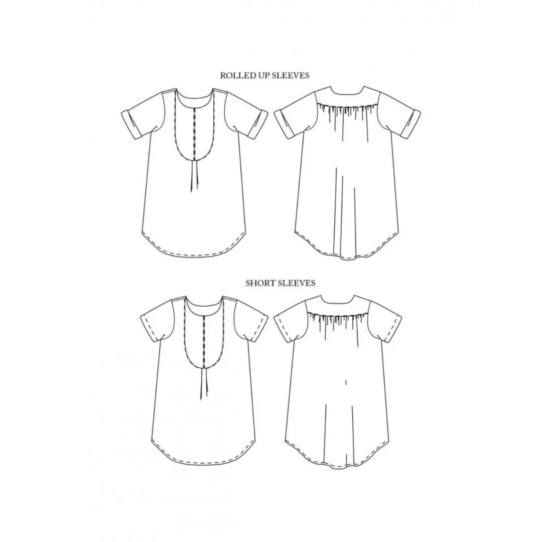 Illustrations of a shirt with rolled-up sleeves and short sleeves on a white background.