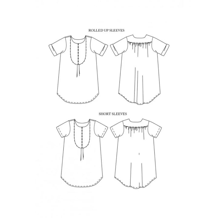 Illustrations of a shirt with rolled-up sleeves and short sleeves on a white background.
