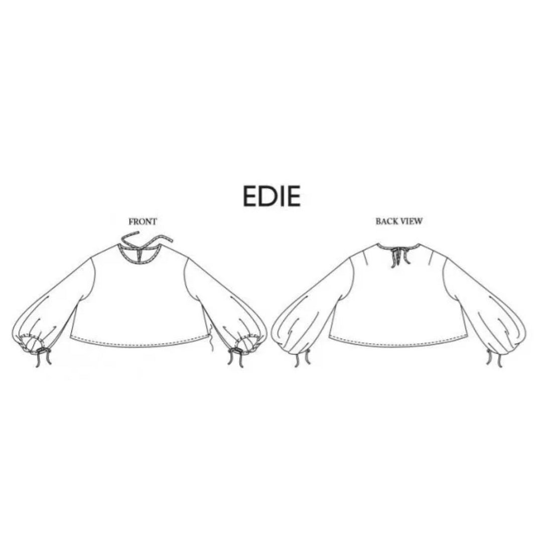 Line drawing of a blouse labeled 'EDIE' showing front and back views.