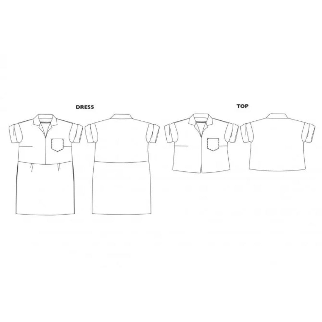 Line drawing of a dress and top on a white background