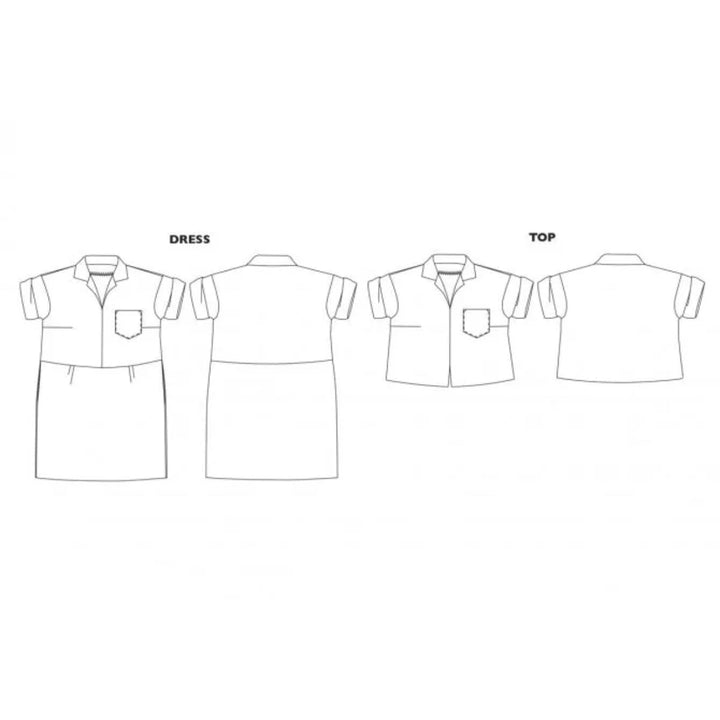 Line drawing of a dress and top on a white background