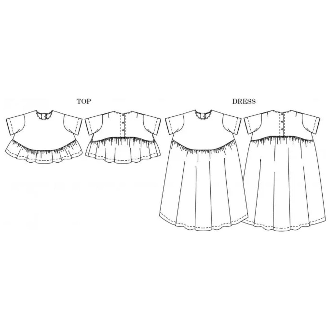 Line drawings of a top and a dress on a white background