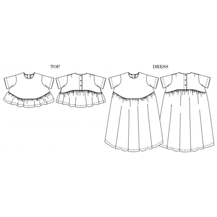 Line drawings of a top and a dress on a white background