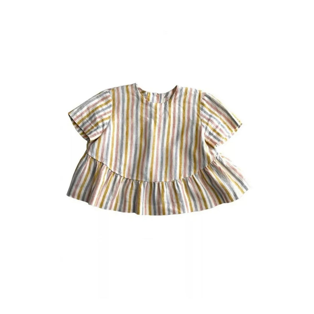 Striped blouse with ruffled details on a white background