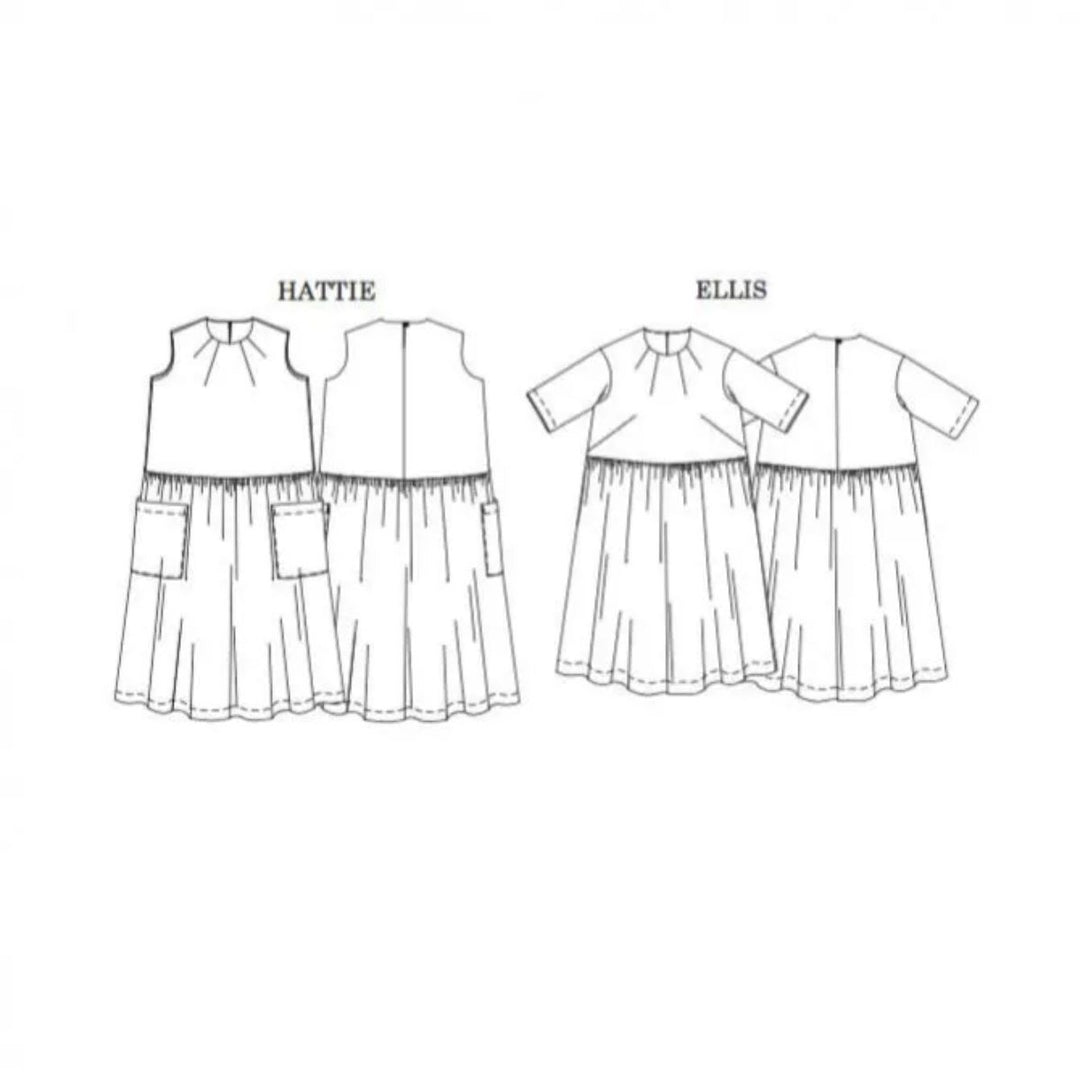 Line drawings of two dresses labeled 'Hattie' and 'Ellis' on a white background.