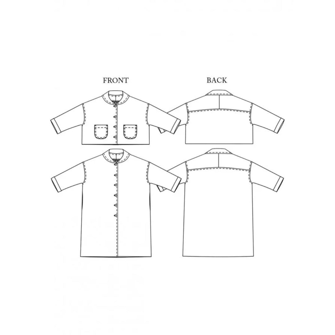 Technical drawing of a shirt with front and back views on a white background