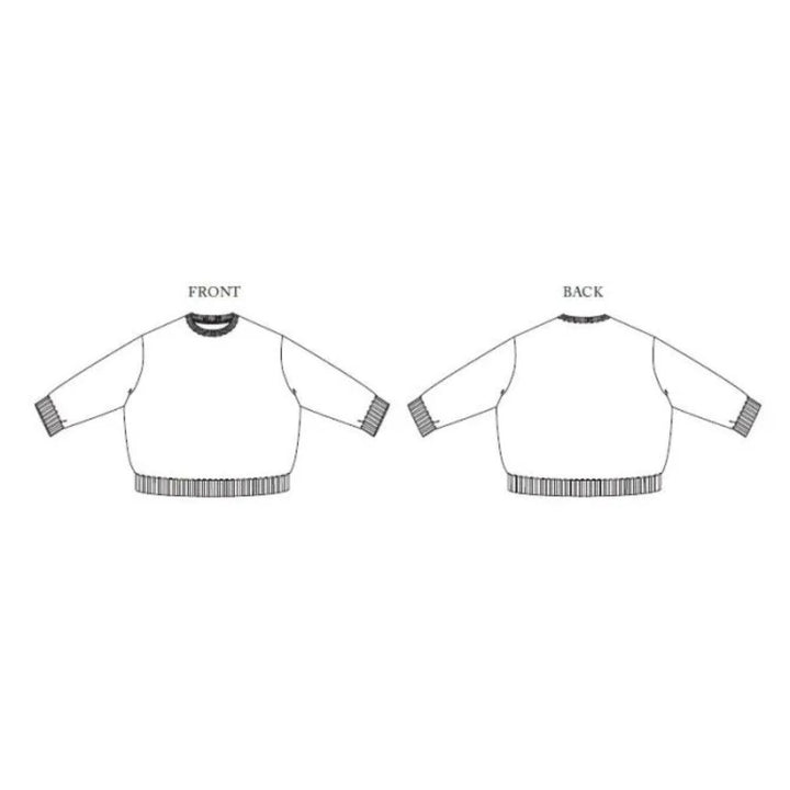 Line drawing of a white sweater with striped cuffs and hem on a white background.