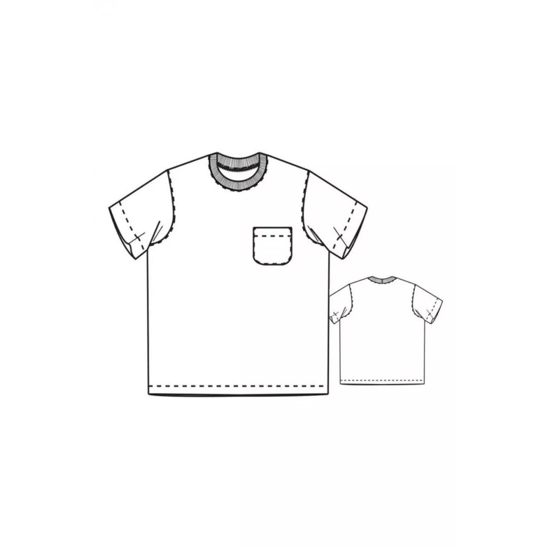 Line drawing of a t-shirt with a pocket on a white background