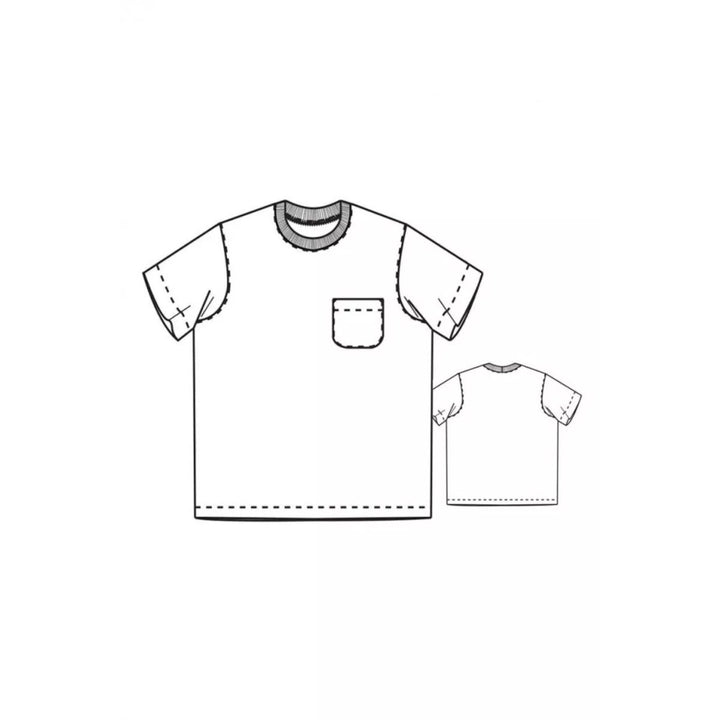 Line drawing of a t-shirt with a pocket on a white background