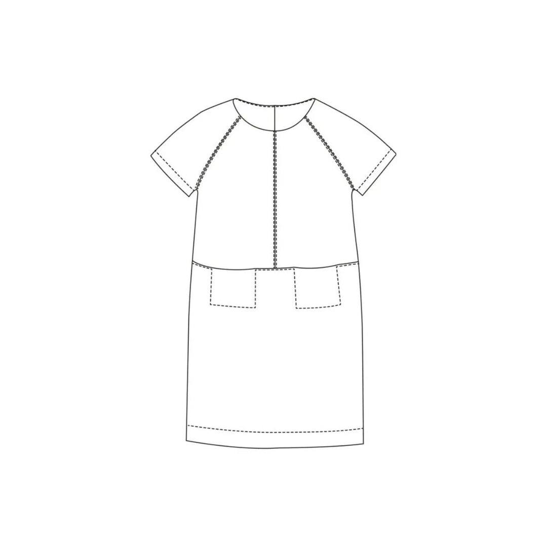 Line drawing of a short-sleeve dress with a round neckline on a white background