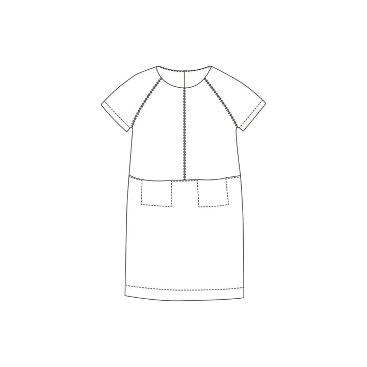 Line drawing of a short-sleeve dress with a round neckline on a white background