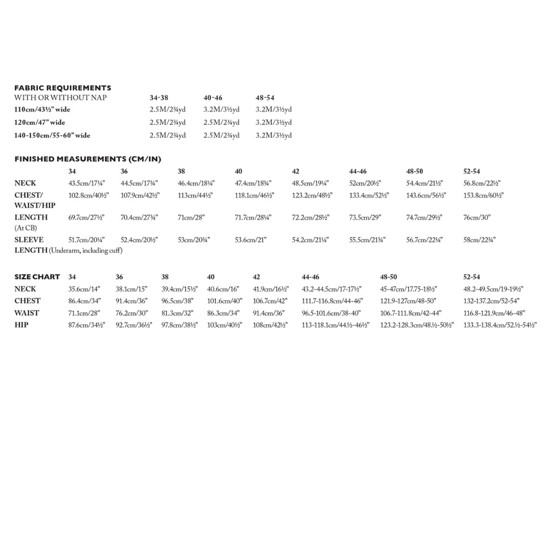 Fabric requirements and finished measurements chart for a garment on a white background