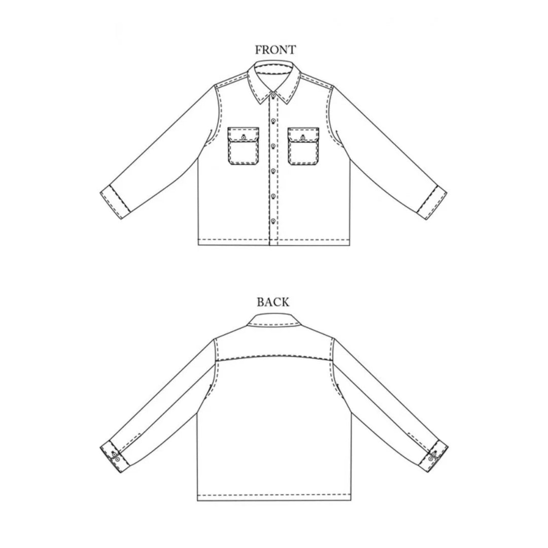 Technical drawing of a shirt with front and back views on a white background