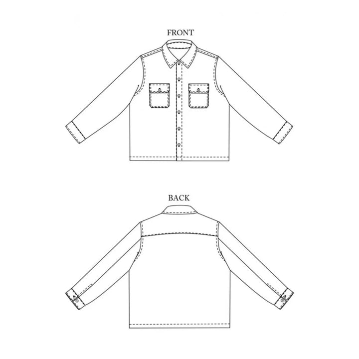 Technical drawing of a shirt with front and back views on a white background