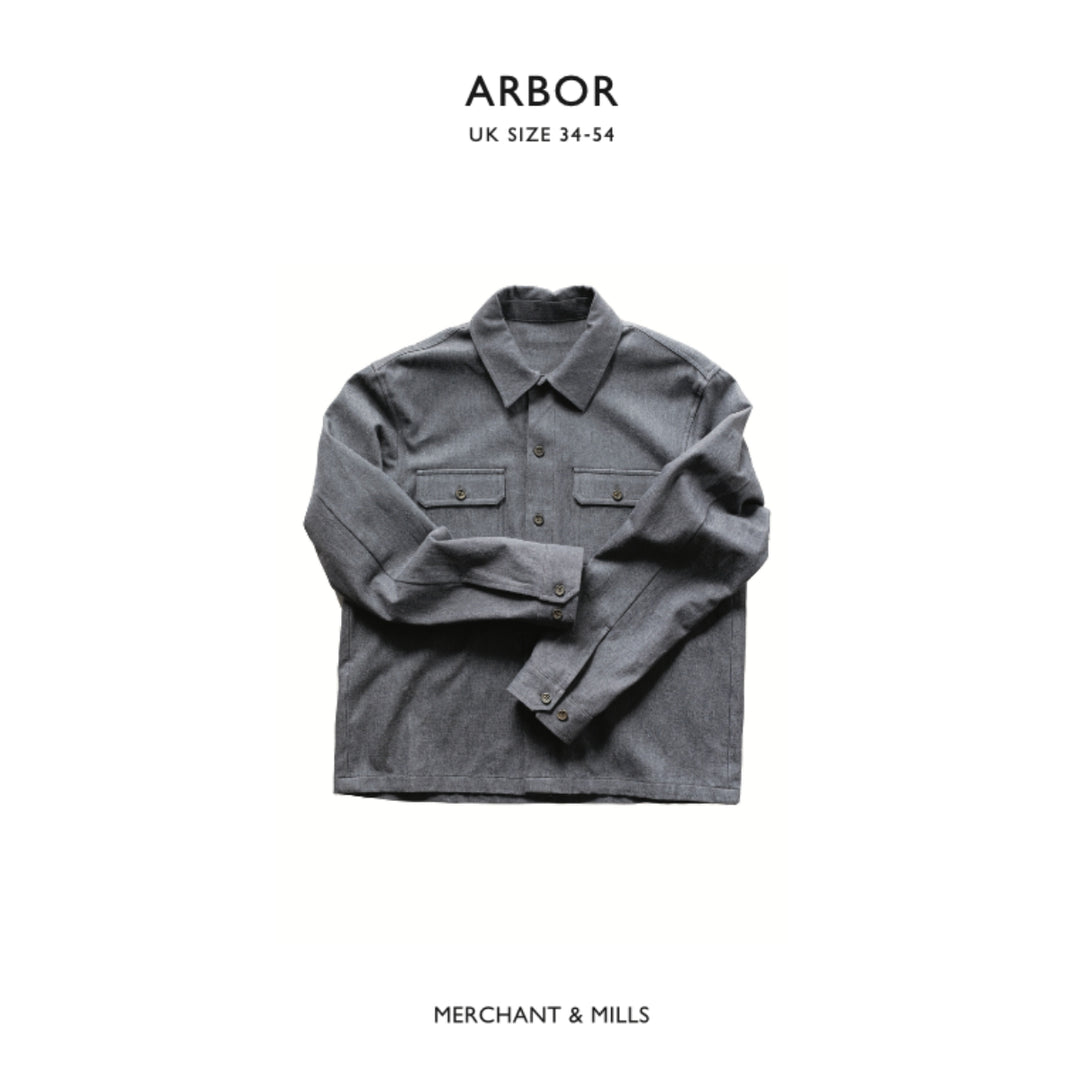 Gray shirt on a white background with 'Arbor' and 'Merchant & Mills' branding.