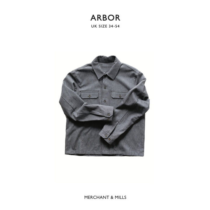 Gray shirt on a white background with 'Arbor' and 'Merchant & Mills' branding.