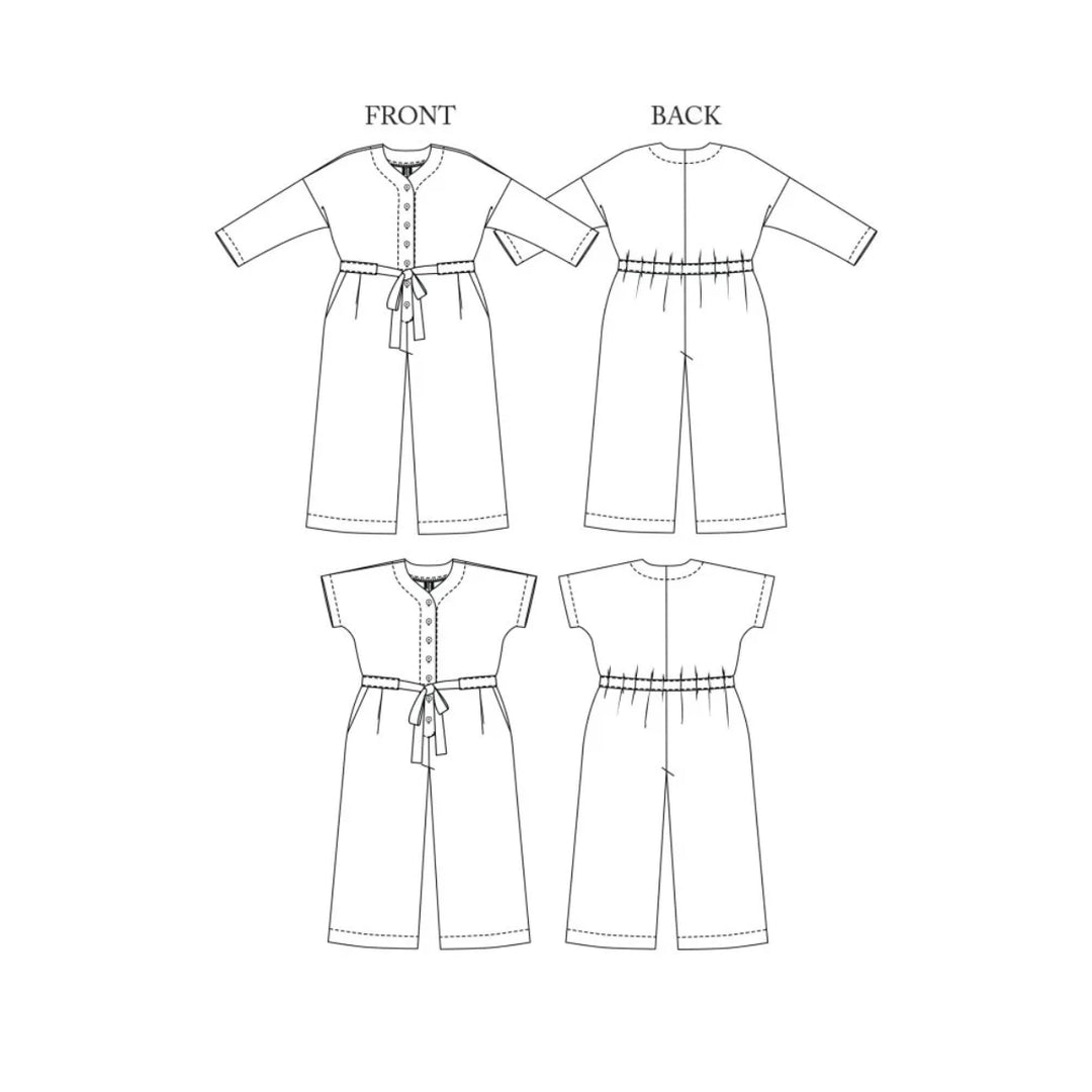 Line drawing of a jumpsuit with front and back views on a white background