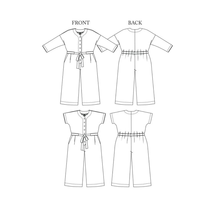 Line drawing of a jumpsuit with front and back views on a white background