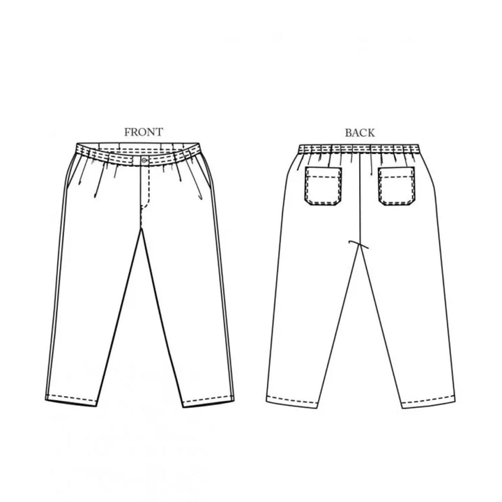 Line drawing of pants showing front and back views on a white background