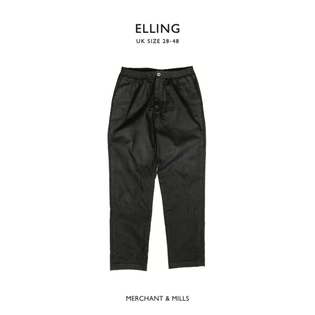 Black pants on a white background with 'ELLING' and 'MERCHANT & MILLS' branding.
