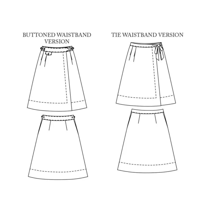 Illustrations of two types of skirts with waistband variations on a white background.