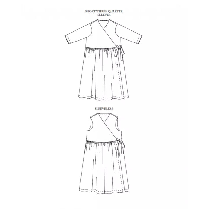 Black and white line art sewing pattern illustrations showing two variations of a wrap-style dress: one with short three-quarter sleeves labeled 'SHORT/THREE QUARTER SLEEVES' and one sleeveless labeled 'SLEEVELESS'.