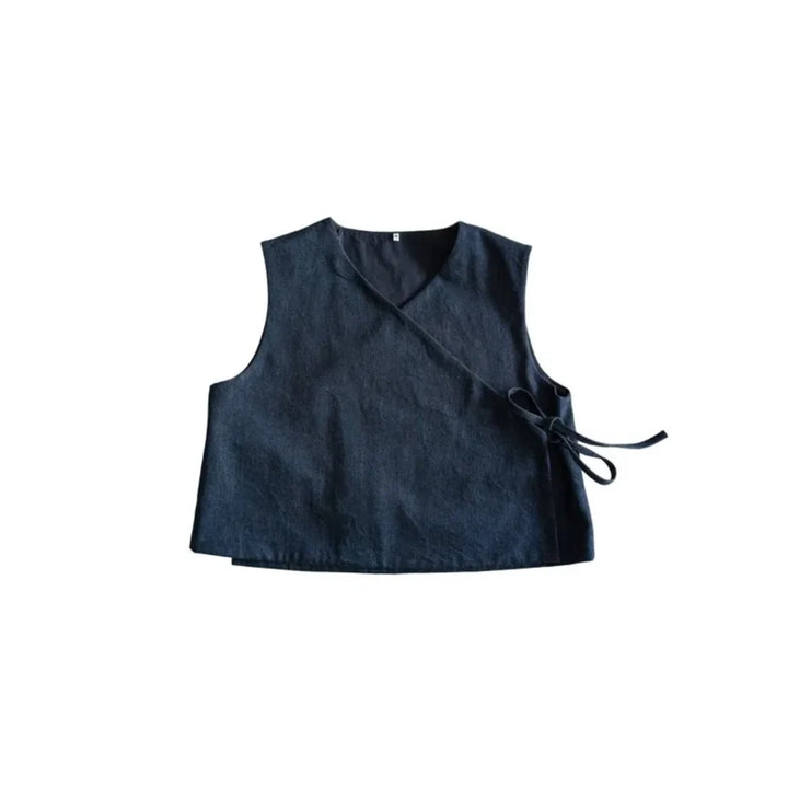 A sleeveless dark navy wrap-style vest with a side tie, shown flat against a plain white background.