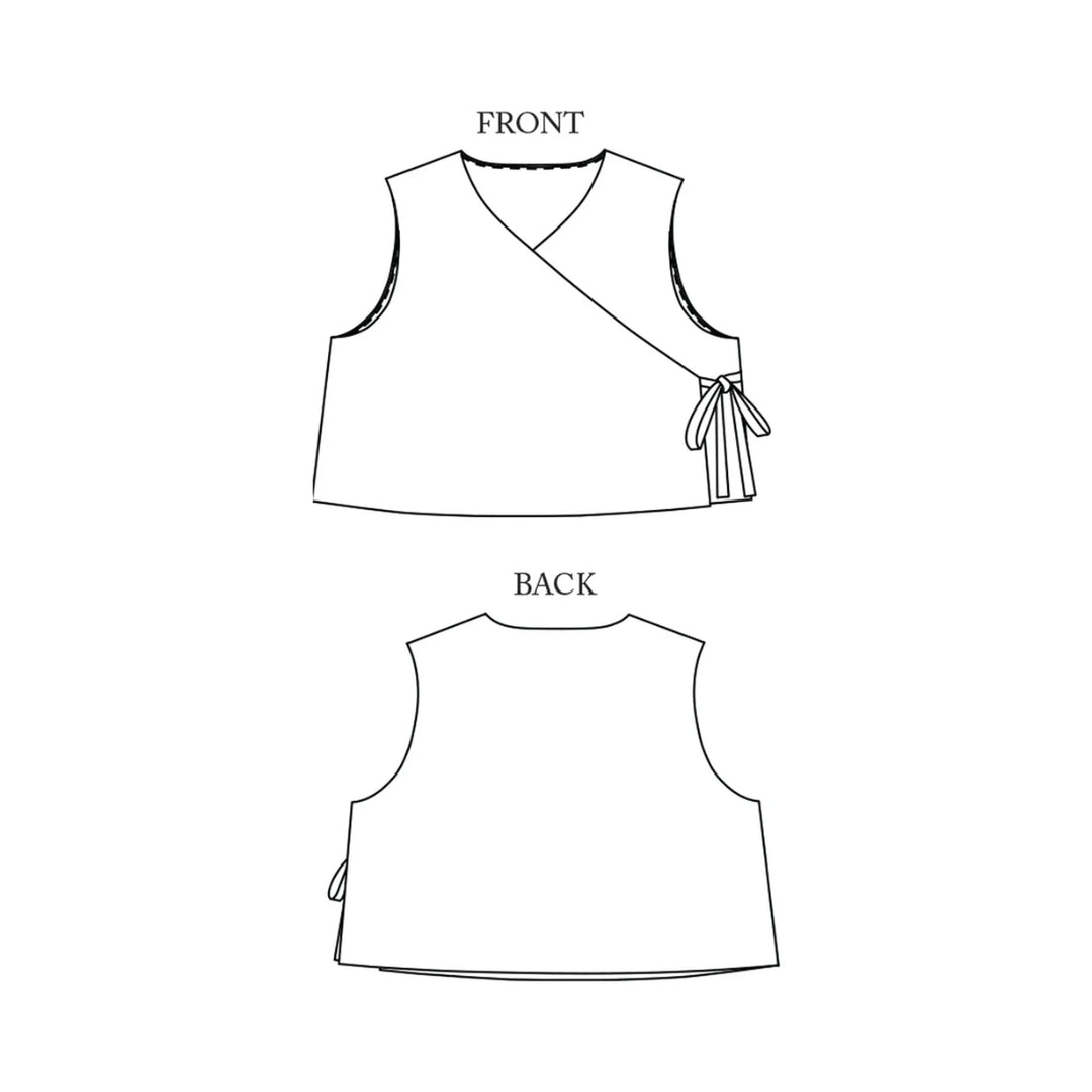 Black and white line art showing the front and back views of a sleeveless wrap-style vest with side ties, labeled FRONT and BACK.