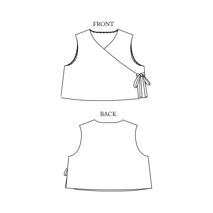 Black and white line art showing the front and back views of a sleeveless wrap-style vest with side ties, labeled FRONT and BACK.