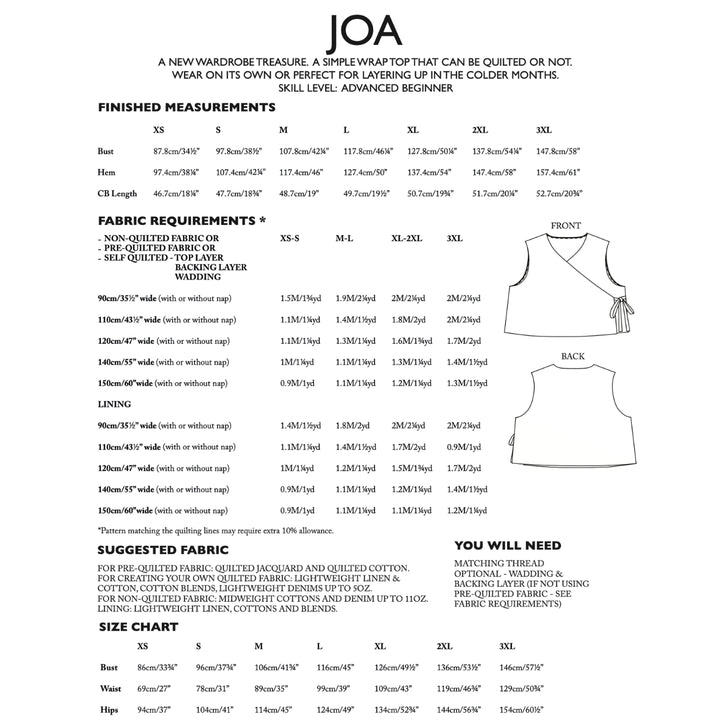 A fabric measurement chart for a JOA quilted wrap top, showing finished measurements, suggested fabric requirements, and a simple front-and-back line drawing of the garment on a white background.