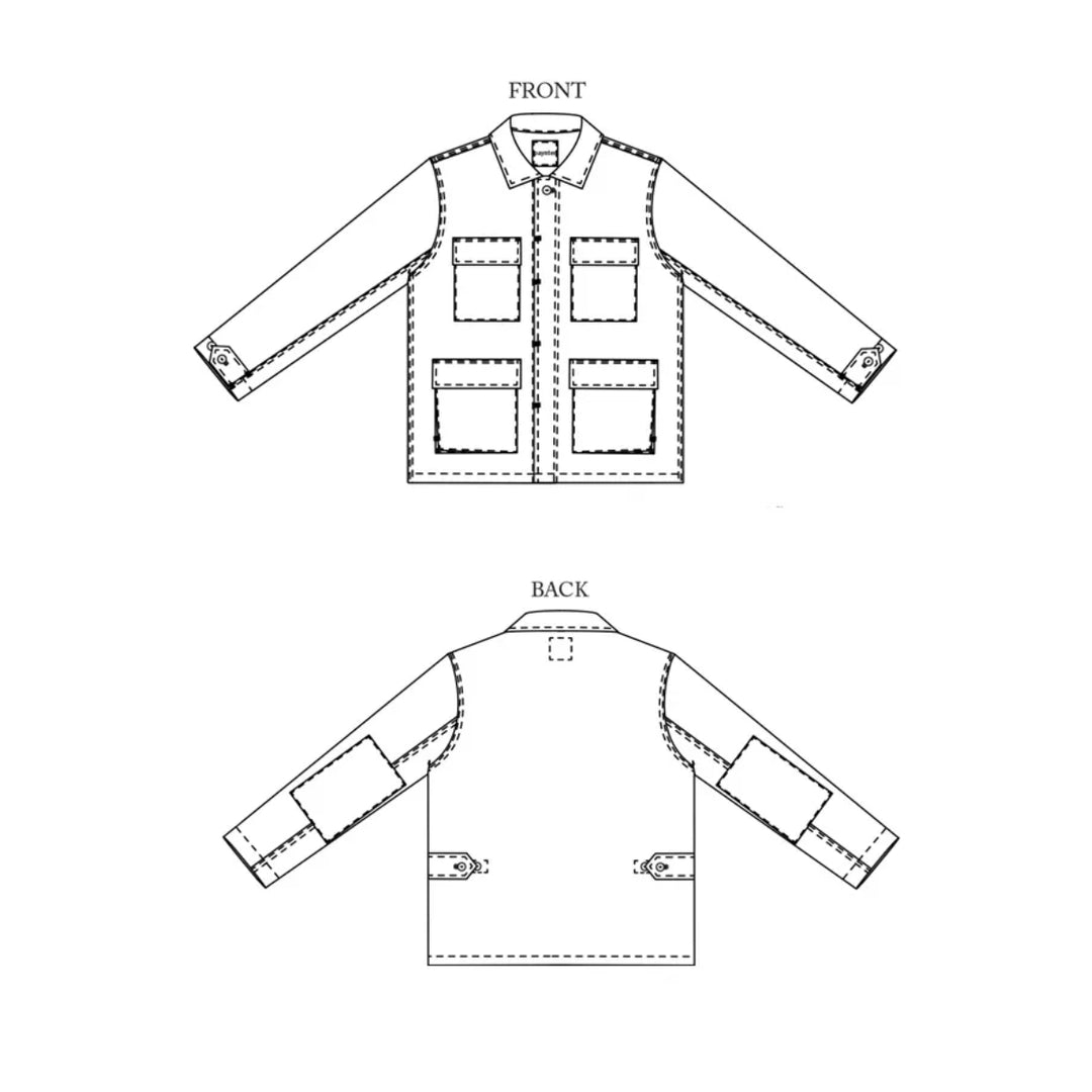 Front and back line drawings of a long-sleeve utility jacket with multiple patch pockets, shown on a plain white background.