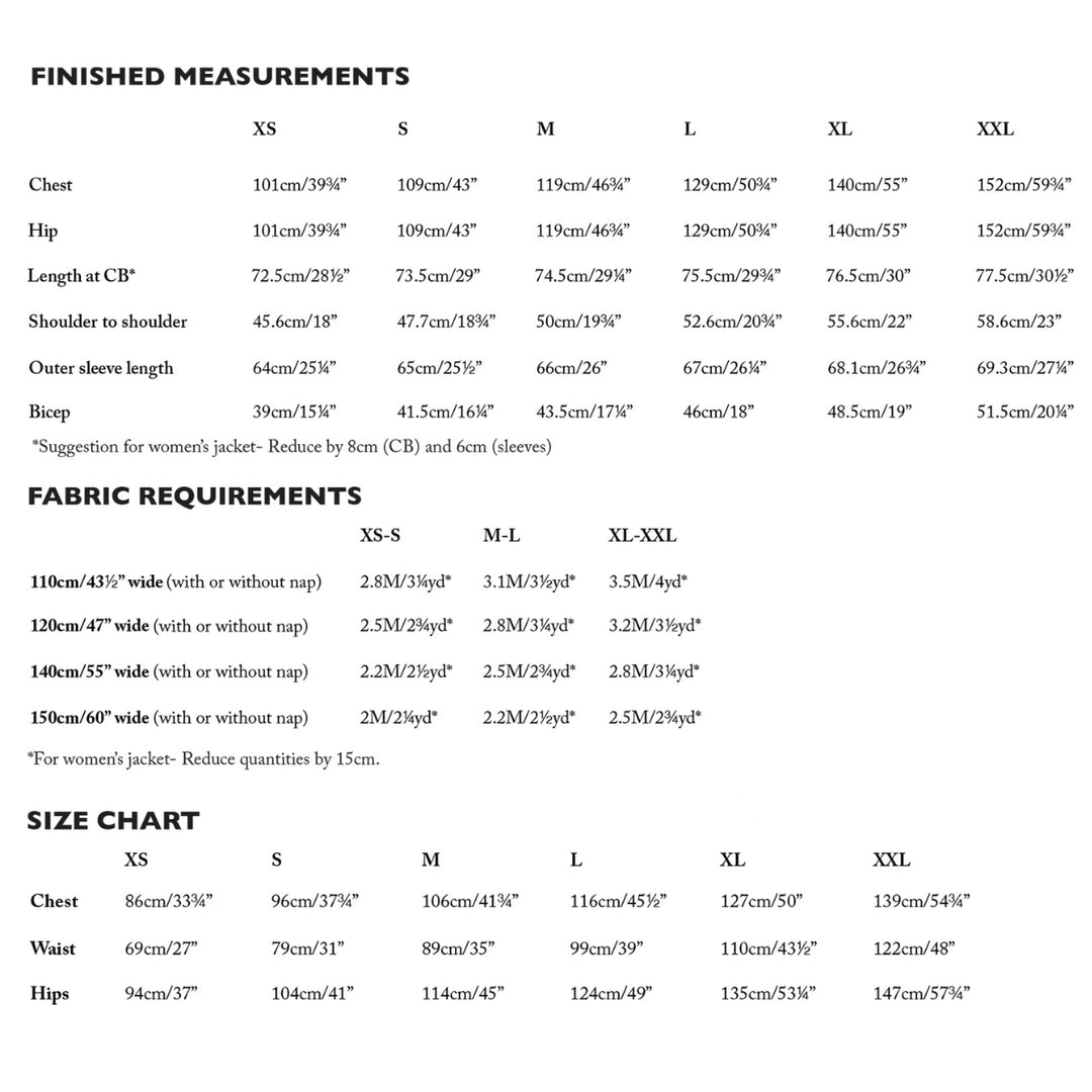 A sizing chart and measurement table for a women's jacket, showing finished measurements by size (XS to XXL) and fabric jacket sizes, plus a size chart graphic at the bottom.