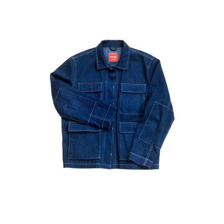 A dark indigo blue denim work jacket with contrast white stitching, featuring a button-up front, collar, and multiple front pockets, laid flat on a white background.